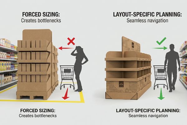 Os displays de papelão para lojas ilustram o dimensionamento forçado, que cria gargalos para o cliente, em contraste com o planejamento específico do layout, que proporciona uma navegação fluida.