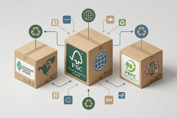 Cardboard boxes with SFI, FSC, and PEFC forestry certification logos demonstrate global supply chain and retailer compliance.