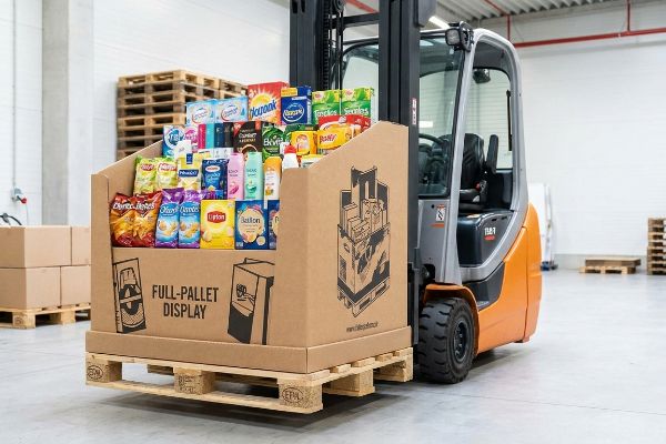 A forklift transports a Full-Pallet Display, laden with diverse consumer products like Lays, Lipton, and Kleenex, across a warehouse floor.
