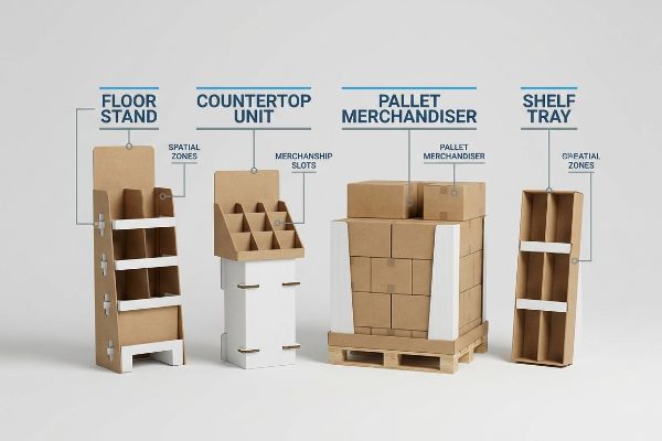 Four cardboard retail display types: Floor Stand, Countertop Unit, Pallet Merchandiser, and Shelf Tray, showing spatial zones.