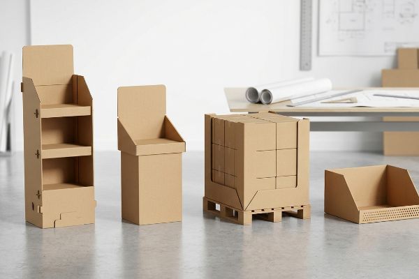 Brown corrugated cardboard displays: floor merchandiser, countertop unit, heavy-duty pallet configuration, and compact shelf tray.