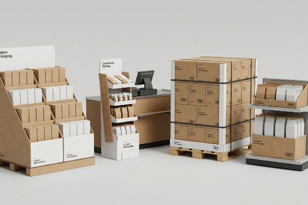 Kraft cardboard retail displays, featuring a floor merchandiser, countertop unit, pallet build, and shelf-ready trays for custom packaging.