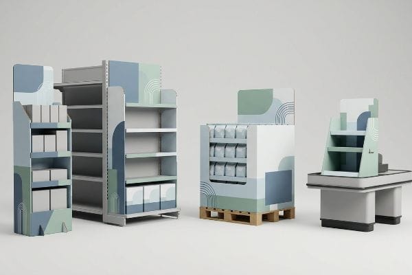 Four retail display units, including freestanding floor stands, a pallet merchandiser, and a countertop register display, feature blue and green geometric patterns.