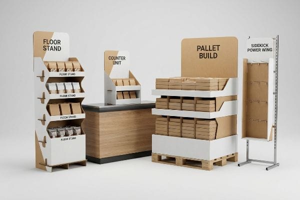 Diverse cardboard retail displays: Floor Stand, Counter Unit, Pallet Build, Sidekick Power Wing, showcasing merchandising options.