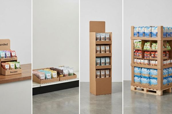 Kraft corrugated displays feature a Branded countertop unit, inline shelf trays, a floor merchandiser, and a pallet structure with packaged goods.