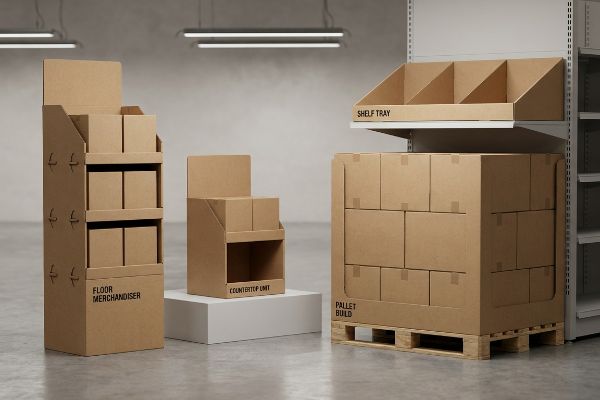 Kraft cardboard displays showcase a Floor Merchandiser, Countertop Unit, Shelf Tray, and Pallet Build in a retail warehouse setting.