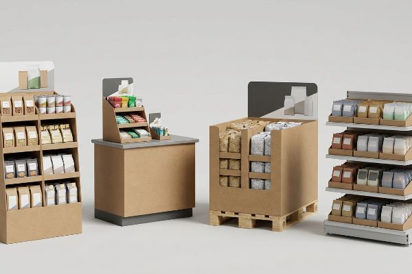 Kraft paper retail displays: floor stand, countertop unit, pallet merchandiser, and shelf trays with packaged goods.