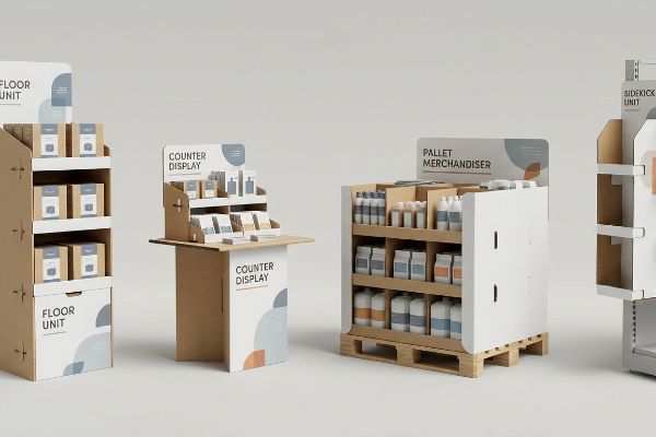 Corrugated cardboard retail displays: Floor Unit, Counter Display, Pallet Merchandiser, and a partial Sidekick Unit.