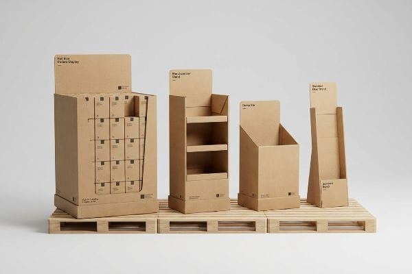 Natural brown corrugated cardboard FSDU types: Full Size Pallet Display, Merchandiser Stand, Dump Bin, and Standard Floor Stand on wooden pallets.