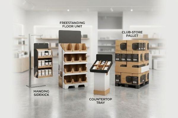 Cardboard POP displays including a Hanging Sidekick, Freestanding Floor Unit, Countertop Tray, and Club-Store Pallet.
