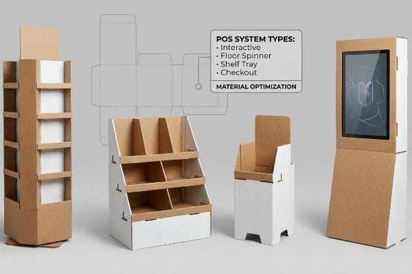 Corrugated POS displays: interactive, floor spinner, shelf tray, checkout. Text: 'POS System Types', 'Material Optimization'.