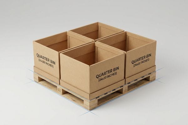 Quatre présentoirs vides en carton Quarter Bin (24x20 pouces) sur une palette en bois, idéaux pour le merchandising modulaire au détail.
