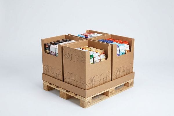 Brown micro-fluted corrugated cardboard quarter pallet displays, filled with various packaged products, arranged on an EPAL Euro pallet.