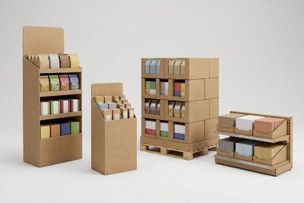 Brown corrugated cardboard retail displays including a floor merchandiser, countertop unit, pallet build, and two-tier shelf tray.