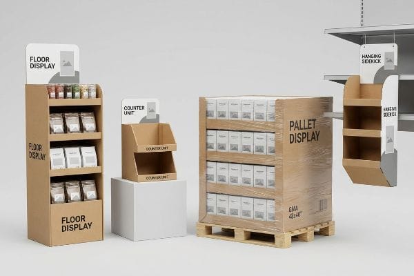 Présentoirs de vente au détail en carton kraft comprenant un présentoir de sol avec produits, un comptoir sur un piédestal blanc, un présentoir sur palette emballé dans du plastique avec 