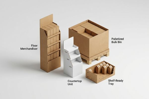 Corrugated retail displays including a Floor Merchandiser, Countertop Unit, Palletized Bulk Bin, and Shelf-Ready Tray, on white.