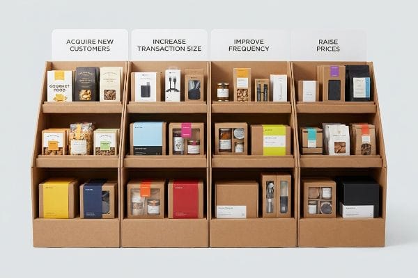 Retail Sales Growth Display Brown corrugated cardboard display units showcase products for four sales goals: Acquire New Customers, Increase Transaction Size, Improve Frequency, and Raise Prices.
