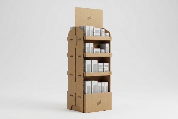 Freestanding corrugated cardboard point of purchase display with four shelves of white product boxes, featuring a stylized leaf logo.