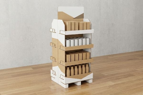 A freestanding corrugated cardboard display rack, white and brown, holds product boxes, white cans, and brown bottles on its four shelves.