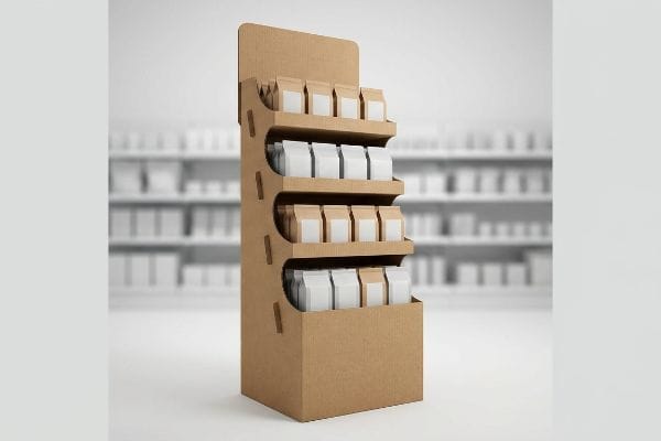 A retail setting features a brown cardboard POP display, presenting four levels of kraft and white product bags.