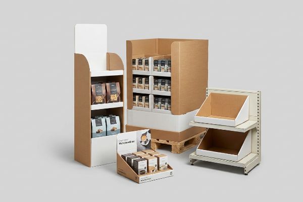 Kraft corrugated retail displays: a floor unit, full-size pallet structure, countertop merchandiser with 'Merchandiser' text, and two shelf-ready trays.