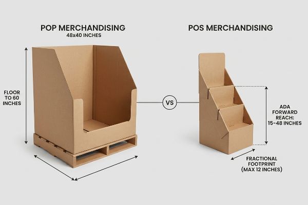 Brown corrugated displays contrast Pop Merchandising (48x40 inches, 60 inches tall) with Pos Merchandising (15-48 inches ADA reach, 12 inches max footprint).