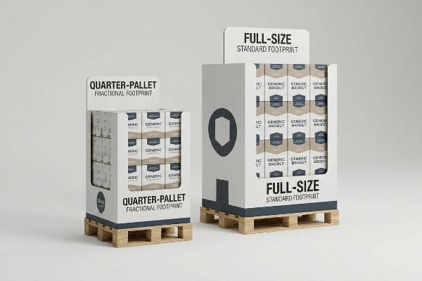 কাঠের প্যালেটের উপর জেনেরিক প্রোডাক্ট বক্সসহ দুটি সাদা ঢেউখেলানো কার্ডবোর্ডের ডিসপ্লে—একটি কোয়ার্টার-প্যালেট ফ্র্যাকশনাল ফুটপ্রিন্ট এবং একটি ফুল-সাইজ স্ট্যান্ডার্ড ফুটপ্রিন্ট।.
