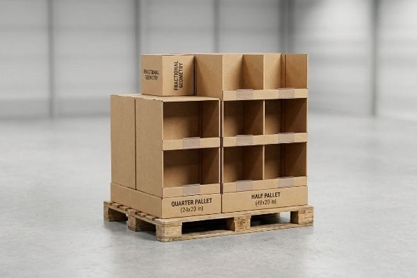 Natural brown corrugated cardboard quarter pallet (24x20 in) and half pallet (48x20 in) displays with a 
