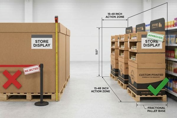 Rejected oversized store display contrasts with approved custom printed corrugated displays, highlighting 15-48 inch action zones and fractional pallet bases.