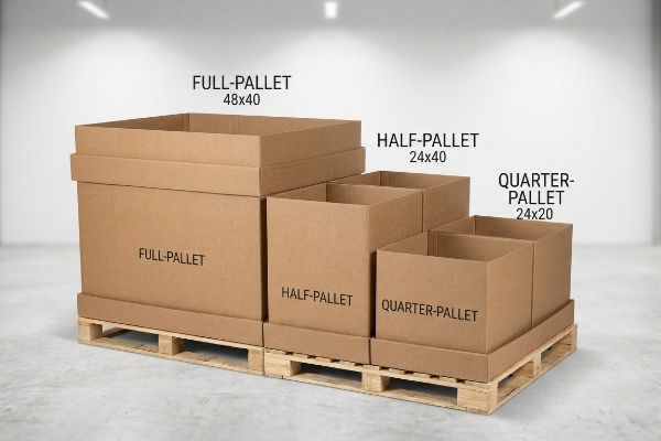 Brown corrugated cardboard bins illustrating Full-Pallet 48x40, Half-Pallet 24x40, and Quarter-Pallet 24x20 dimensions on wooden pallets.