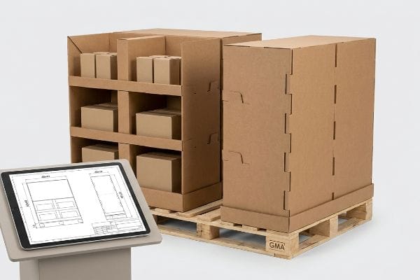 Brown corrugated cardboard fractional POP-up displays on a GMA pallet, with a tablet showing their CAD engineering drawings.
