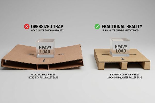 Corrugated cardboard pallet bases: a 48x40 inch 26 ECT full pallet bows 0.65 inches under heavy load, while a 24x20 inch 32 ECT quarter pallet remains rigid.