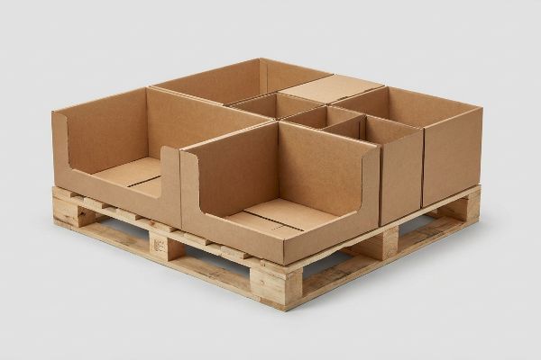 Brown corrugated cardboard modular display boxes with dividers on a wooden pallet, illustrating fractional geometry for retail.