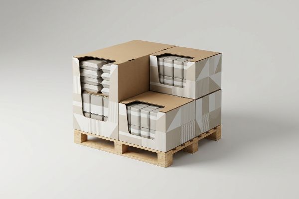 Beige cardboard fractional pallet display with geometric patterns on a wooden pallet, showing stacked retail products.