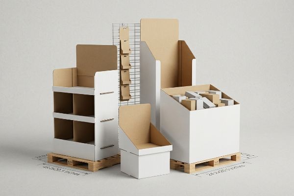 Kraft and white cardboard retail displays: floor merchandiser, dump bin, and wire grid on fractional pallets, 24.2x20.5 and 48.0x20.5 inches.