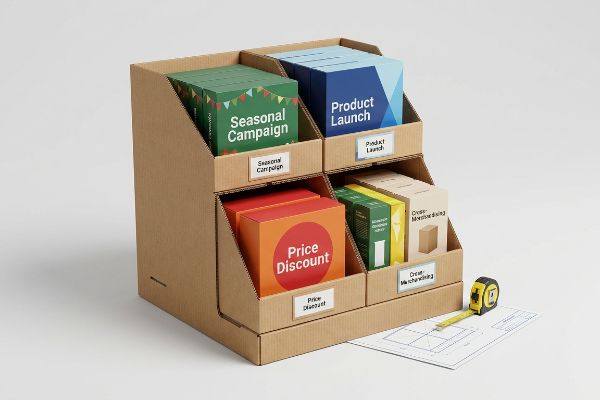 A corrugated cardboard fractional pallet display unit features boxes for Seasonal Campaign, Product Launch, Price Discount, and Cross Merchandising, with a measuring tape.