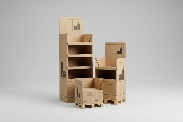 Brown corrugated cardboard fractional pallet displays: tall shelf, smaller bin units, with dark product icons.