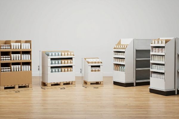 Cardboard 48x40 full floor, white 48x20 half, and 24x20 quarter pallet displays on wooden pallets, plus two inline shelf units.