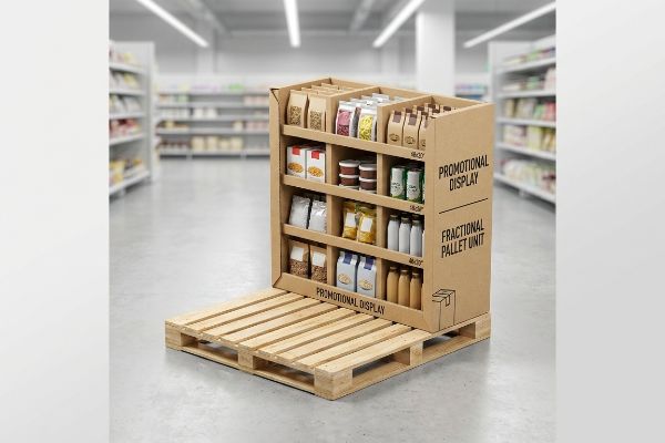 Corrugated Promotional Display Fractional Pallet Unit on a wooden pallet, stocked with diverse products in a retail aisle.