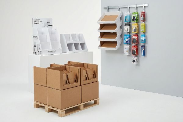 Corrugated cardboard fractional pallet displays on a wooden pallet, alongside white countertop and wall-mounted retail display units.