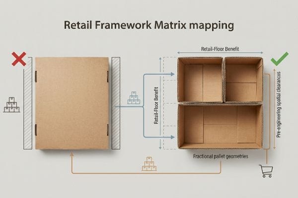 Brown cardboard boxes illustrate Retail Framework Matrix mapping, contrasting oversized packaging with fractional pallet geometries for pre-engineering spatial clearances and Retail-Floor Benefit.