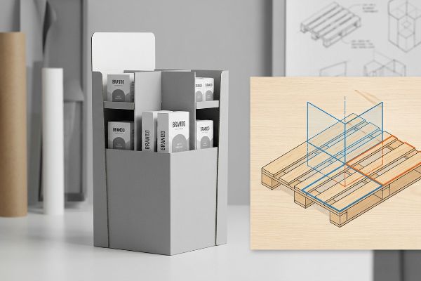 Gray corrugated display with Brando boxes, illustrating fractional pallet geometry on a wooden pallet.