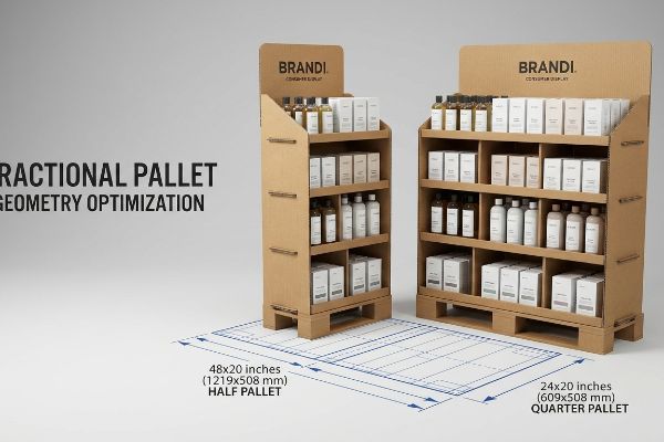 Corrugated cardboard displays for BRANDI. products, illustrating Fractional Pallet Geometry Optimization with half (48x20 inches) and quarter (24x20 inches) pallets.