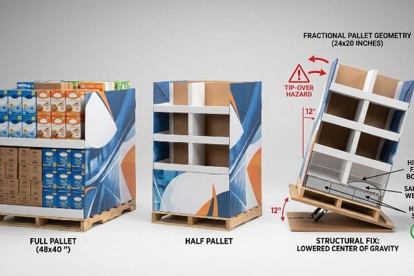 A structural fix for a 24x20-inch fractional pallet display, tilted at 12 degrees, shows a lowered center of gravity with hidden sandbag weights to prevent tip-over hazard, alongside full and half pallet examples.