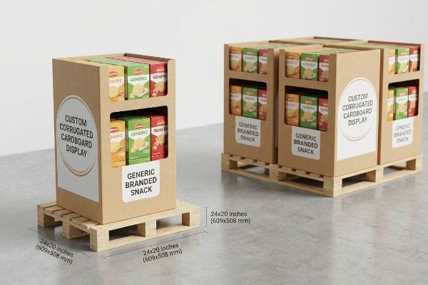 Fractional Pallet Merchandisers Brown custom corrugated cardboard quarter-pallet displays, 24x20 inches (609x508 mm), filled with Generic Branded Snack boxes on wooden pallets.