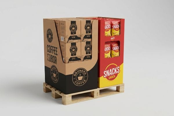 Brown and red cardboard half-pallet merchandiser with Bruner's Coffee Sobor boxes and Snacks bags on a wooden fractional pallet.