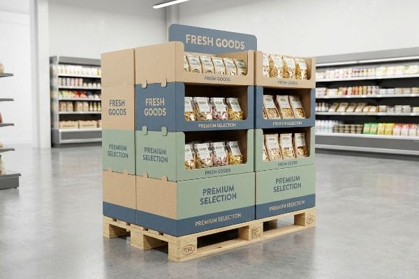 Modulares Palettenregal aus Kraftkarton mit den Aufdrucken „Fresh Goods“ und „Premium Selection“ zur Aufbewahrung von verpackten Nudeln auf einer EURO-Palette in einem Verkaufsgang.