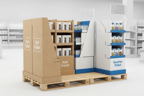Wooden GMA pallet with brown Half Pallet and white Quarter Pallet cardboard displays optimizing retail merchandising.