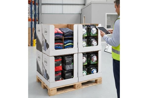 White cardboard fractional pallet display on a wooden pallet, filled with folded apparel and packaged sports balls, as a man uses a tablet.