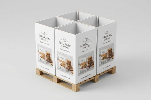 White cardboard pop display boxes for Organic Snacks on a wooden pallet, ideal for fractional pallet geometry.